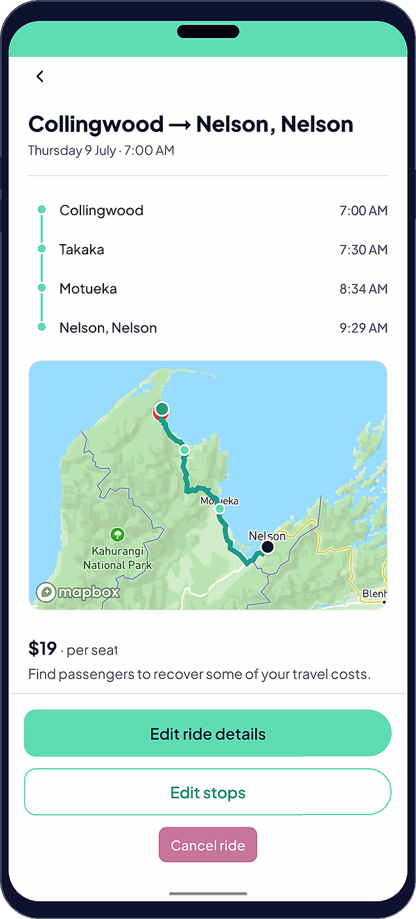 Pooly app ride details screen showing Collingwood to Nelson